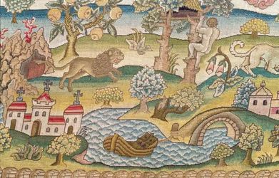 Bradford Tafelkleed, detail (leeuw achtervolgt man in boom), Engels, laat 16e eeuw
